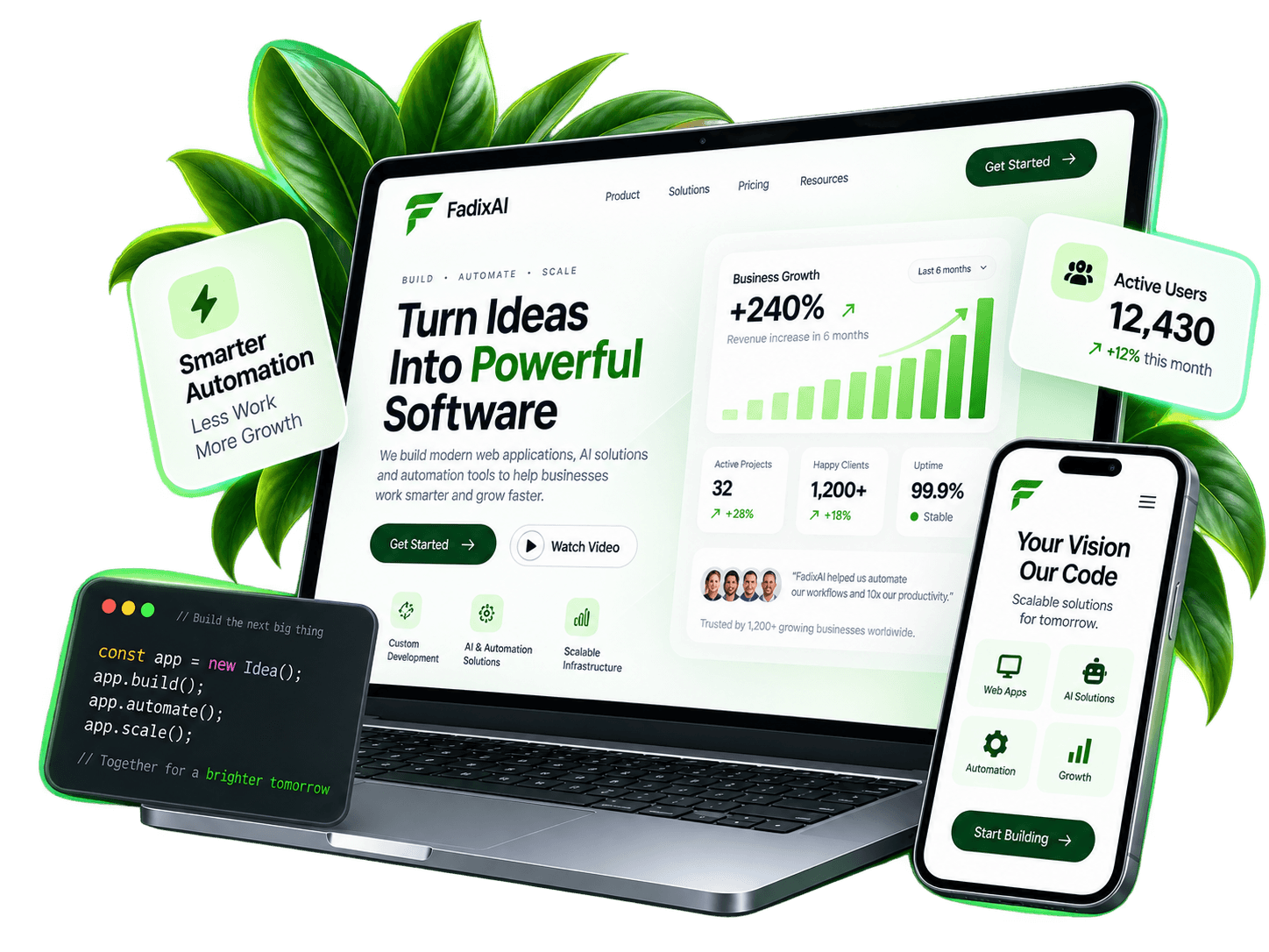 FadixAI web, automation and AI product showcase on a laptop and phone
