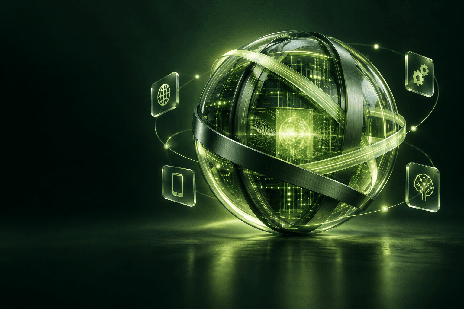 Luminous digital core representing connected software, mobile, automation and AI services